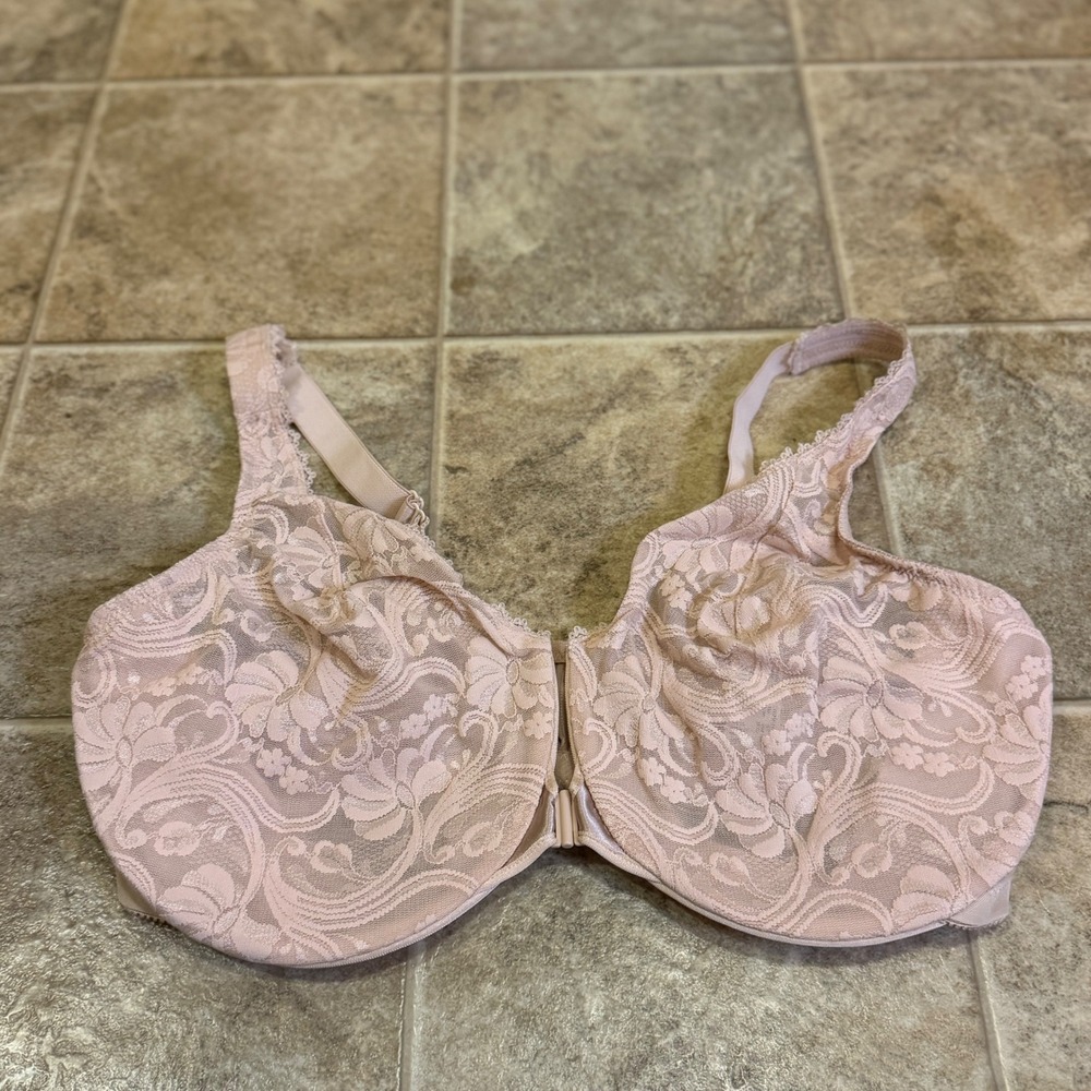Glamorise Front-Close Floral Lace Underwire Bra 44DD Pink Racerback 9245